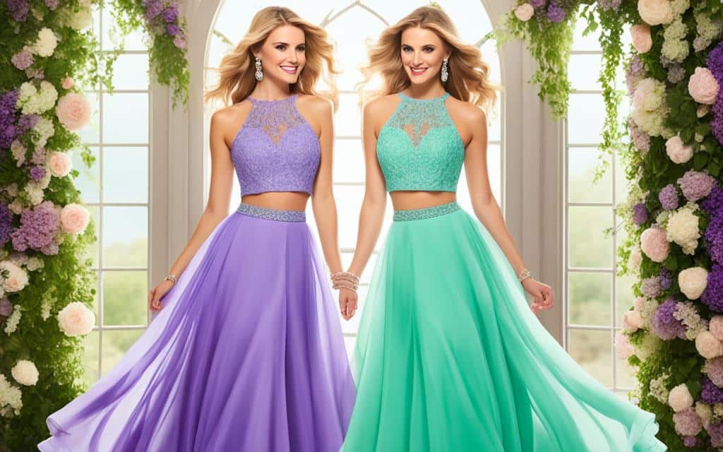 Purple and Green Two Piece Prom Dresses